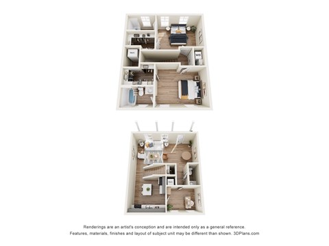 Floor plan for 2 beds, 2.5 baths, 1291 sqft